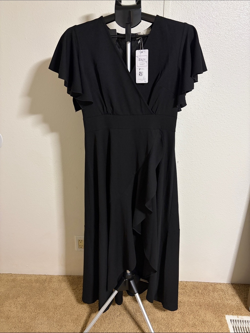 Elegant Black Flutter-Sleeve Wrap Dress